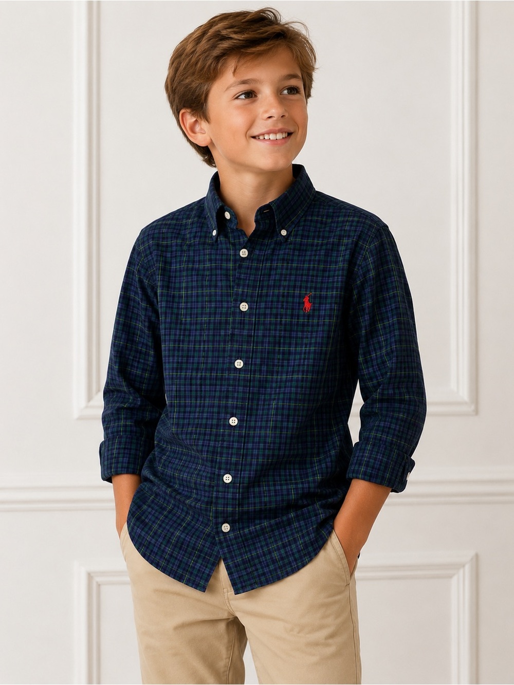 Polo by Ralph Lauren Boys' Navy Green Plaid Button-Down Shirt.  Medium 10-12